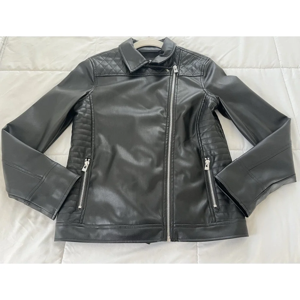 Art Class Girls Moto Jacket Black Faux Leather Full Zip Collared Pockets Size XL